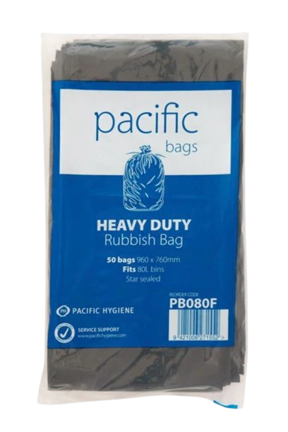 Pacific Rubbish Bag x 50 Black Flat Pack - 80L