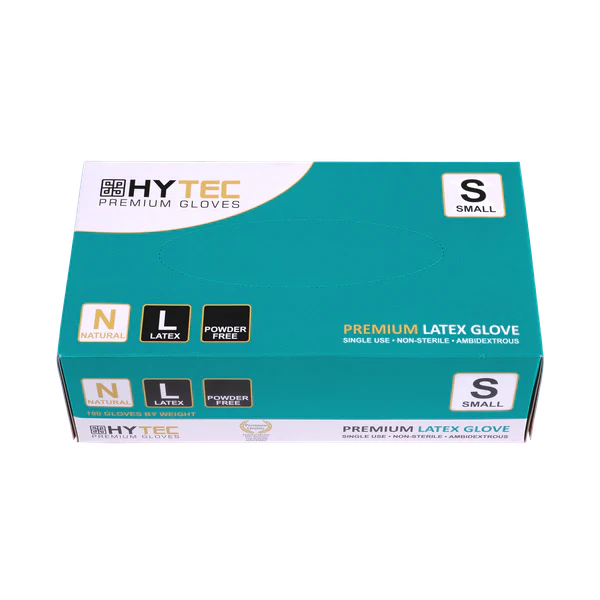 Gloves, Hytec Natural Latex, Powder Free. 100 Gloves per box