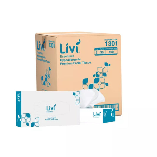 Livi Essentials Facial Tissues 2 Ply. 30 packs per case.