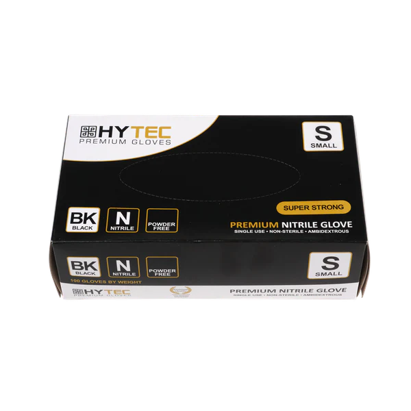Gloves, Hytec Black Nitrile, Powder Free. 100 Gloves per box except XXL 90 pairs