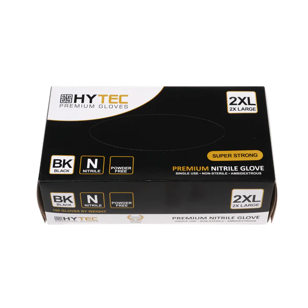Gloves, Hytec Black Nitrile, Powder Free. 100 Gloves per box except XXL 90 pairs