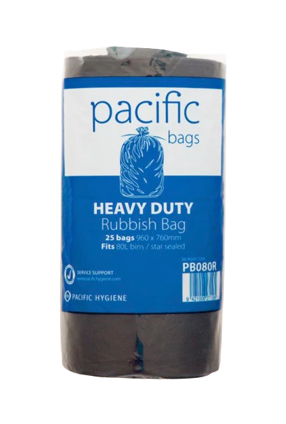 Pacific Rubbish Bags x 25 Black on 80L Roll.