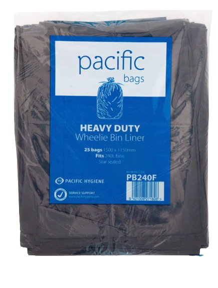 Pacific Wheely Bin Liner x 25 Black 240L.