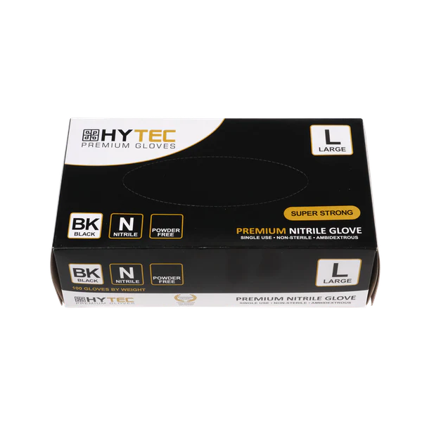 Gloves, Hytec Black Nitrile, Powder Free. 100 Gloves per box except XXL 90 pairs