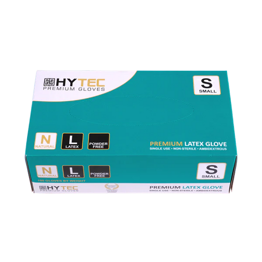 Gloves, Hytec Natural Latex, Powder Free. 100 Gloves per box