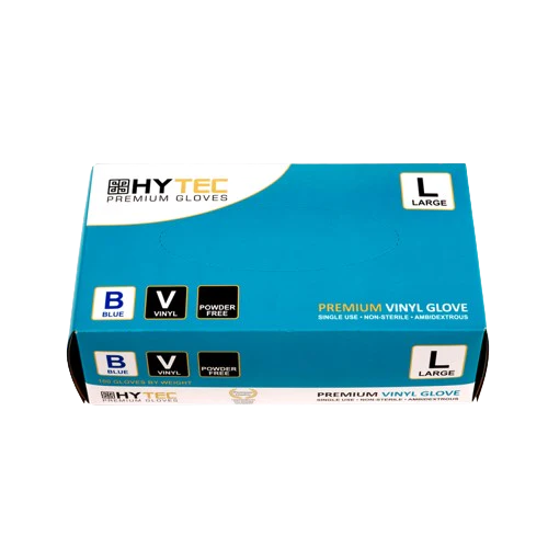 Gloves, Hytec Blue Vinyl, Powder Free. 100 Gloves per box