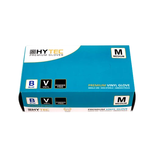 Gloves, Hytec Blue Vinyl, Powder Free. 100 Gloves per box
