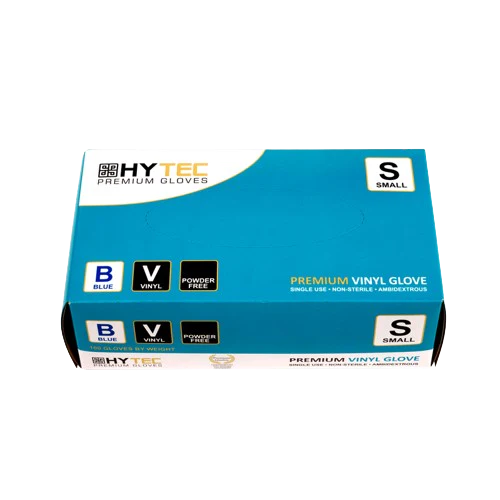 Gloves, Hytec Blue Vinyl, Powder Free. 100 Gloves per box